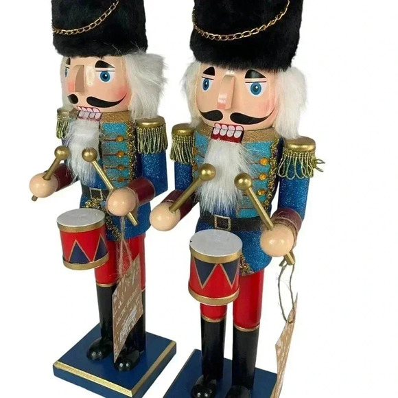 Wood Christmas Nutcracker Set Drummer Soldier Fur Hat Red Blue Holiday Decor - Picture 2 of 7